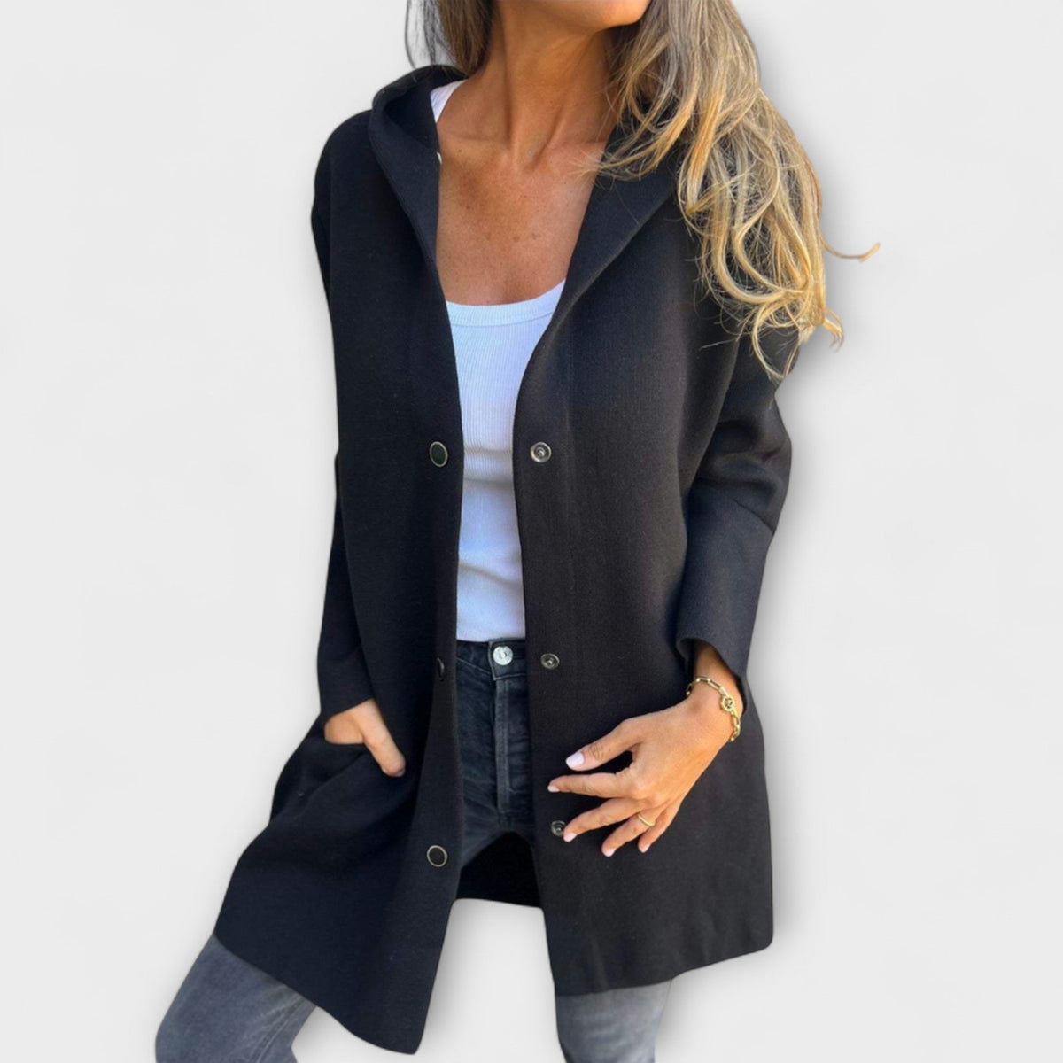 Hooded Snap Button Long Sleeve Pocket Longline Coat
