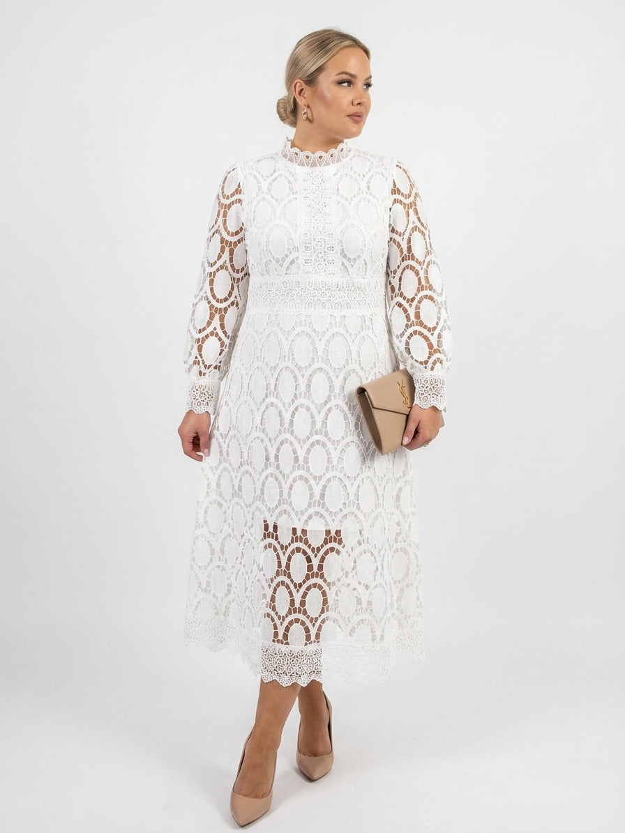 High Neck Crochet Lace Long Puff Sleeve Scalloped A-Line Midi Dress