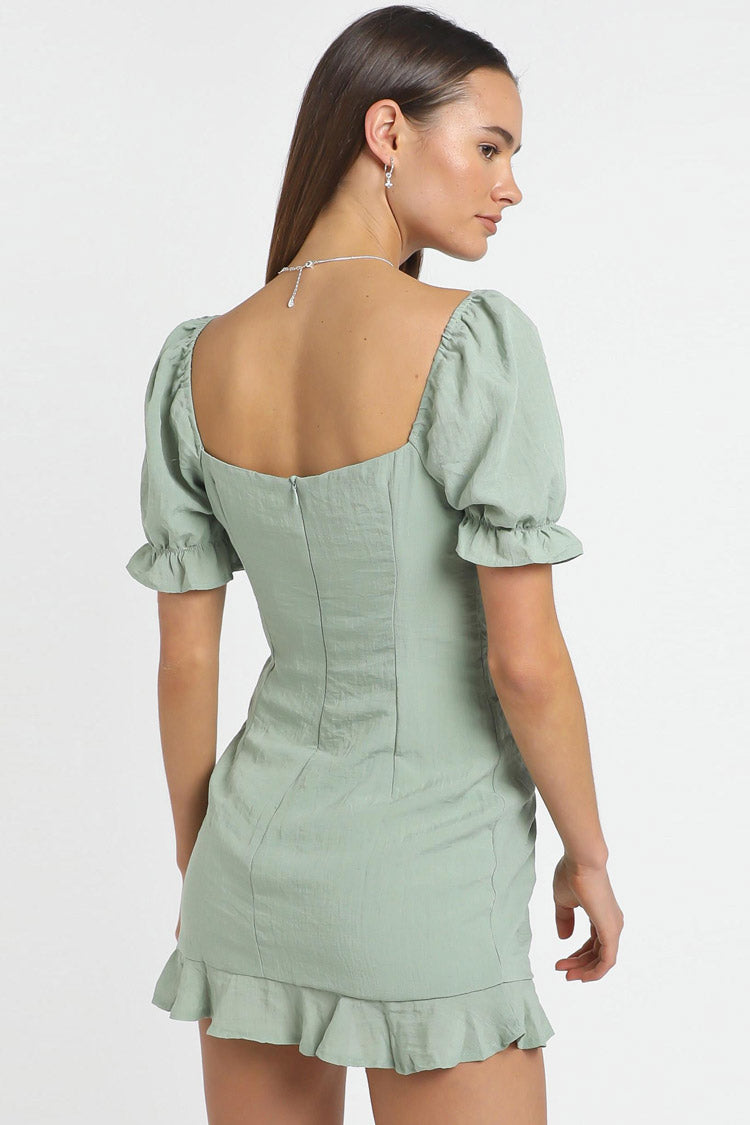 Sage Green Sweetheart Puff Sleeve Lace Up Ruched Ruffle Hem Mini Dress