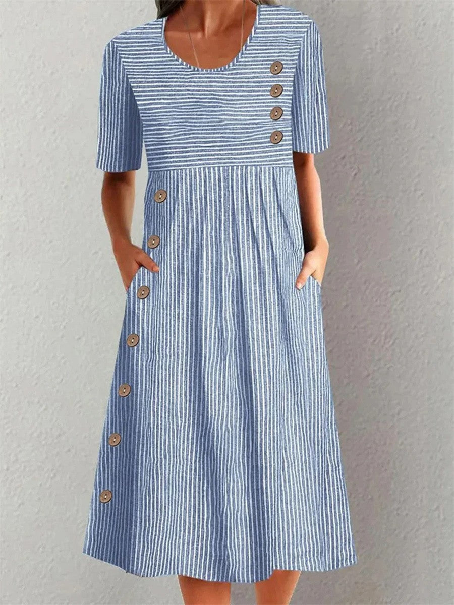 Round Neck Short Sleeve Striped Button Pocket A-Line Midi Dress