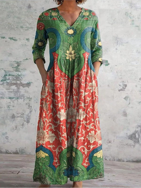 Multicolor V-Neck Vintage Floral Print Three Quarter Sleeve Pocket Maxi Dress