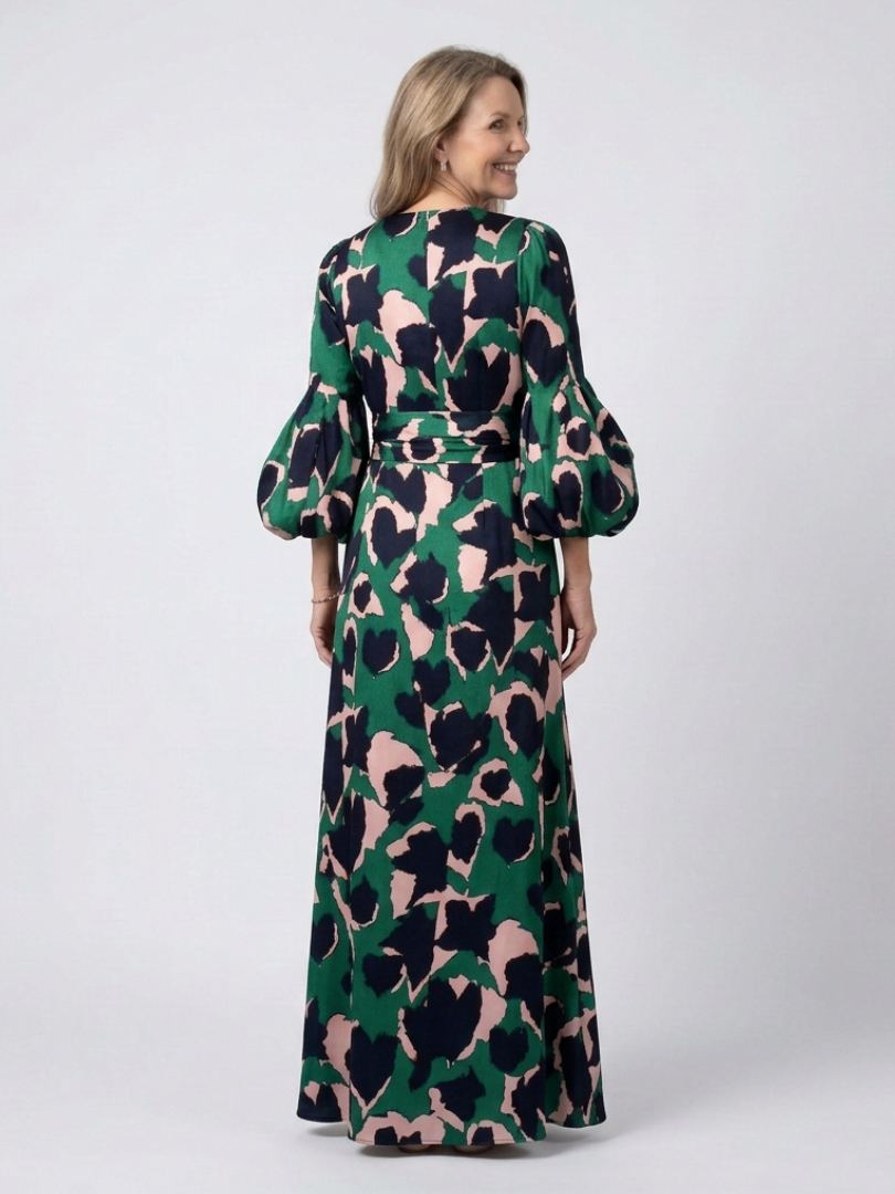 V-Neck Abstract Print Puff Sleeve Tie Waist A-Line Maxi Dress