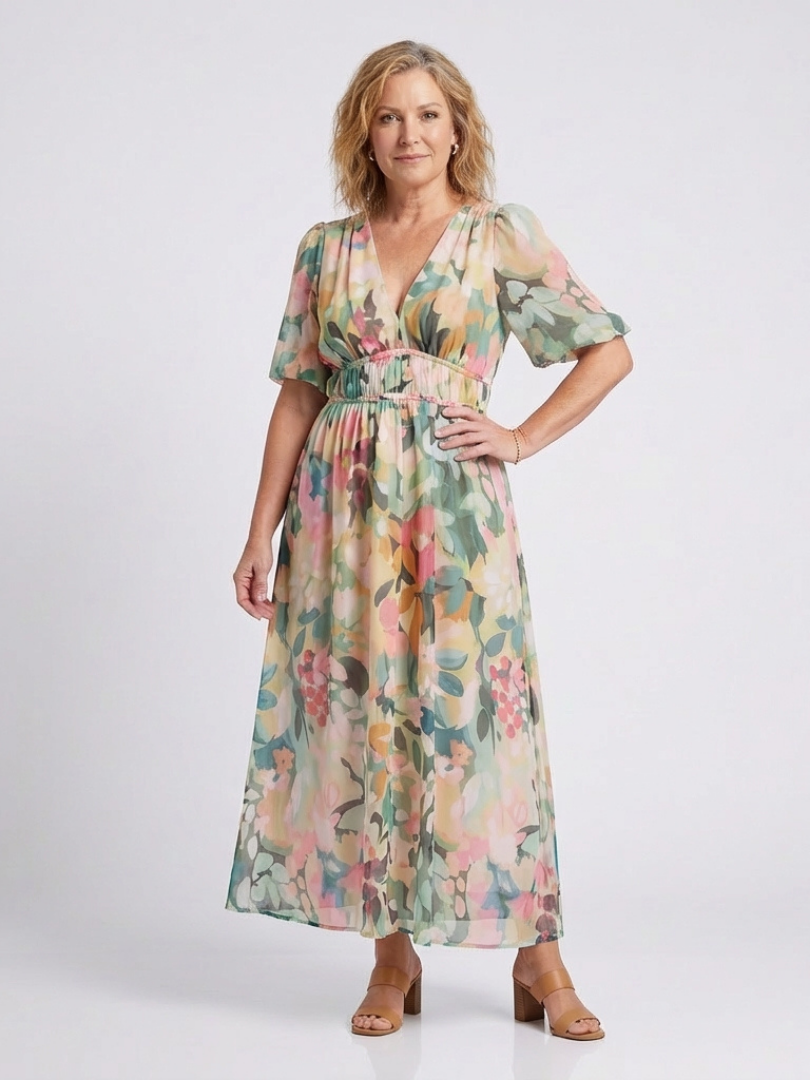 Floral V-Neck Floral Cold Shoulder Puff Sleeve Smocked Waist Maxi Dress 3