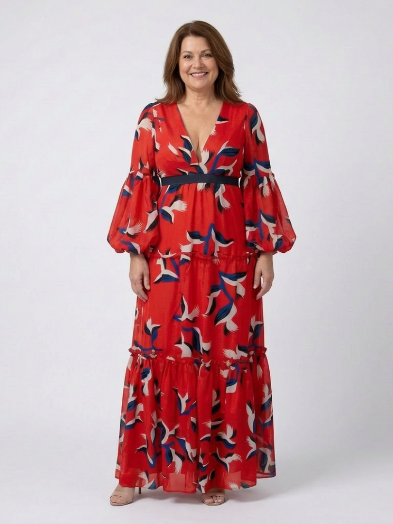 V-Neck Abstract Print Puff Sleeve Tie Waist A-Line Maxi Dress