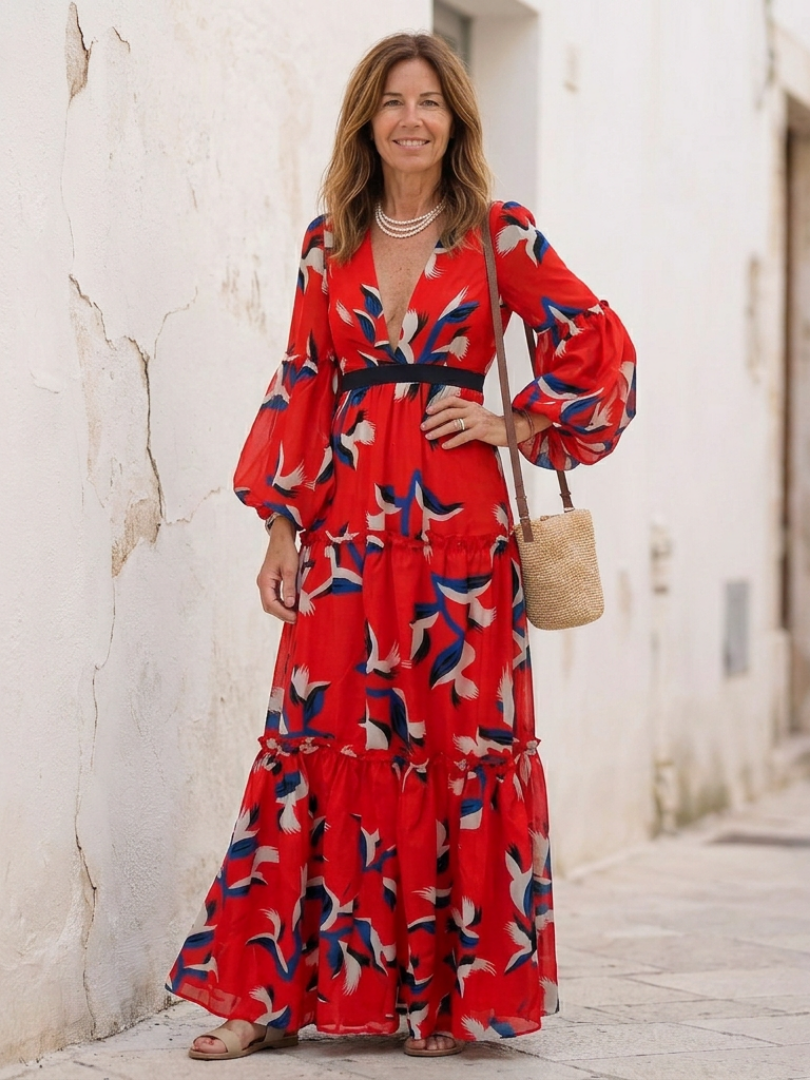V-Neck Abstract Print Puff Sleeve Tie Waist A-Line Maxi Dress
