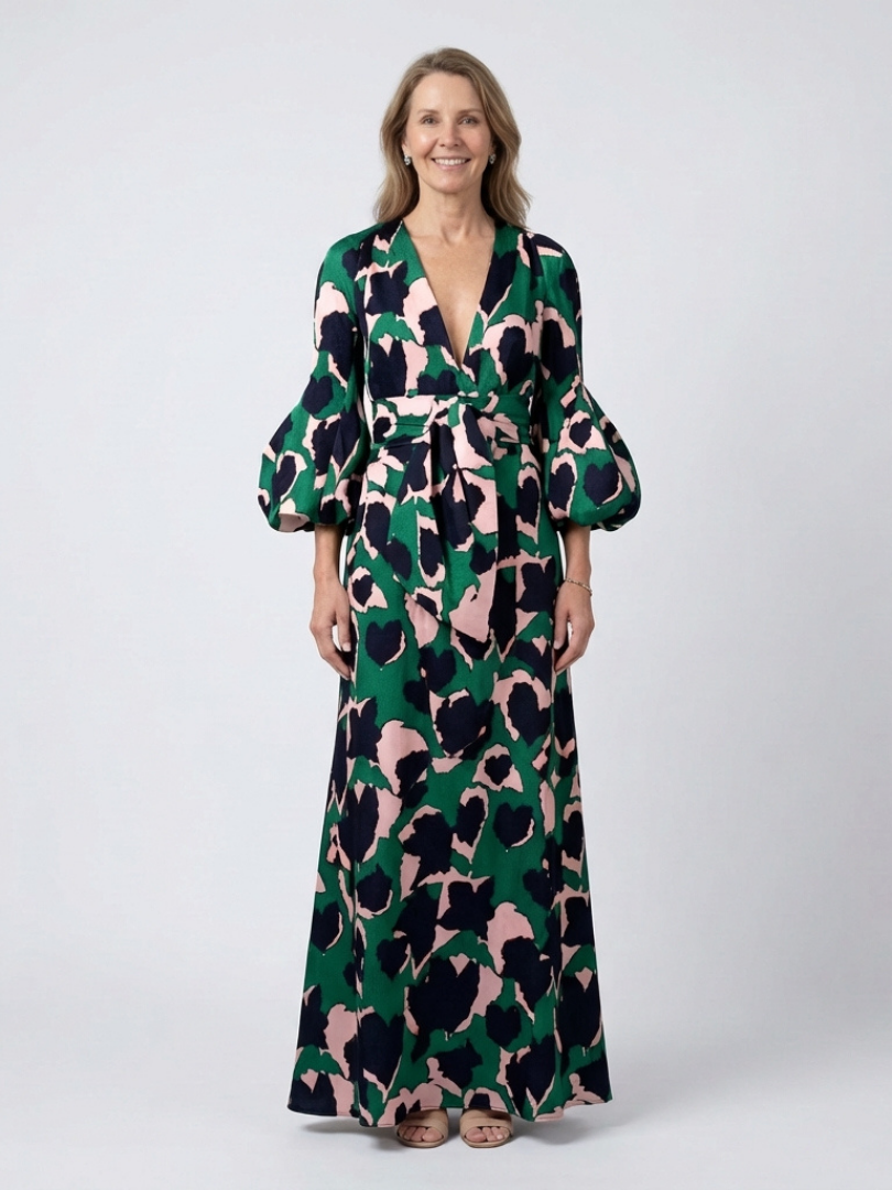 V-Neck Abstract Print Puff Sleeve Tie Waist A-Line Maxi Dress