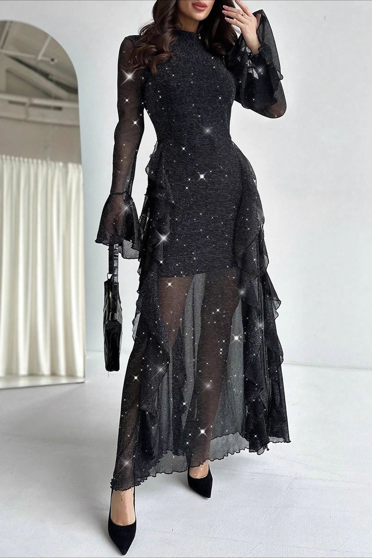 Black Ruffled Mermaid Maxi Dress 4