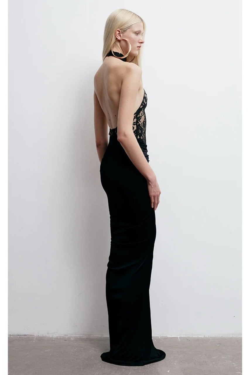 Elegant Black Backless Cutout Fitted Long Party Dress