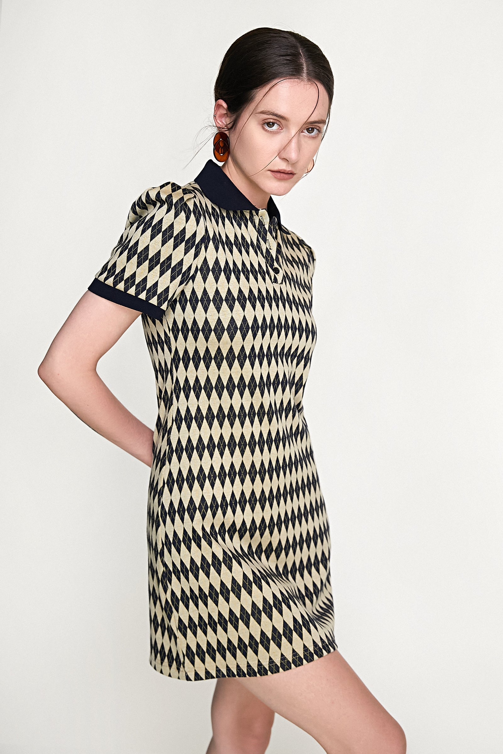 Black Diamond Check Knitted Polo Collar Mini Dress