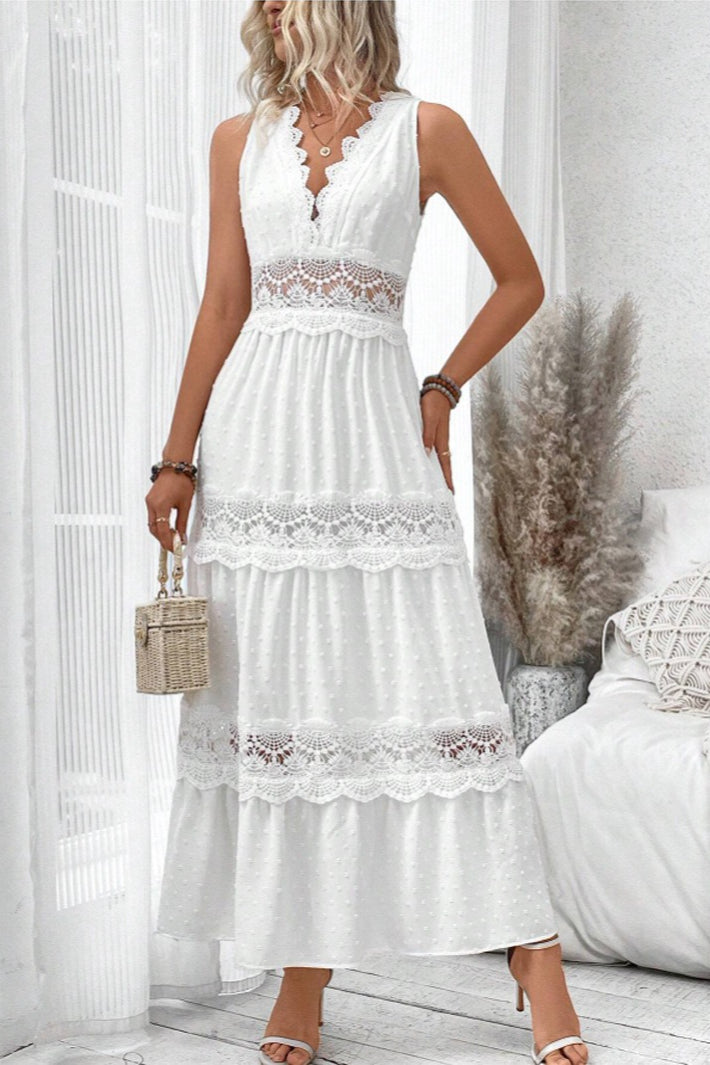 White Deep V Neck Swiss Dot Lace Panel Tiered Maxi Dress 5