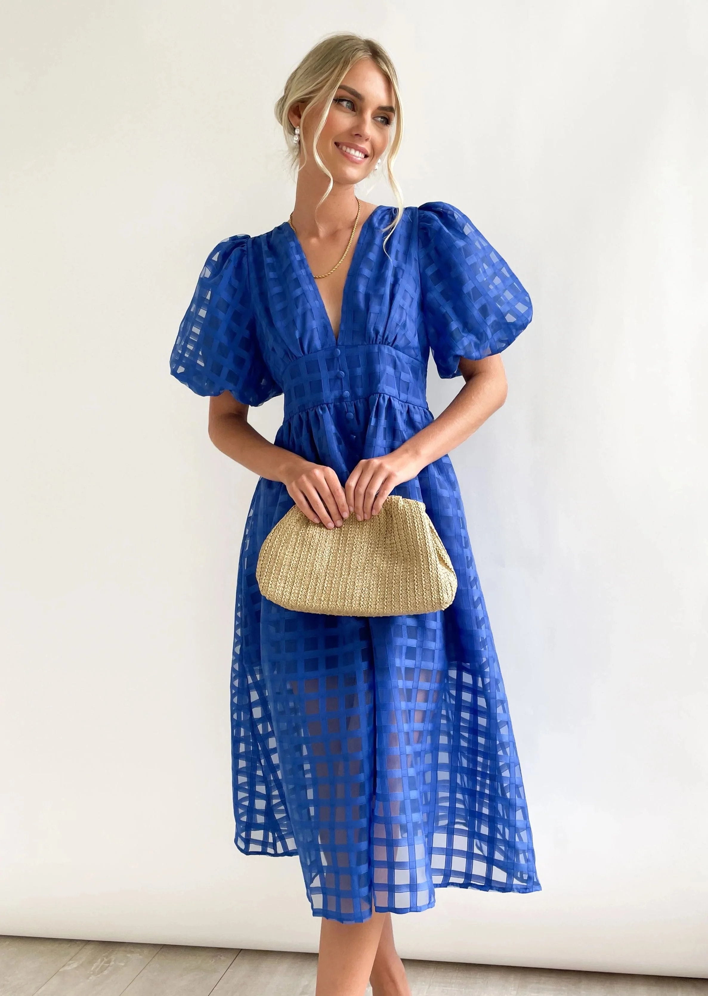 Beautiful square pattern fabric puff sleeve midi