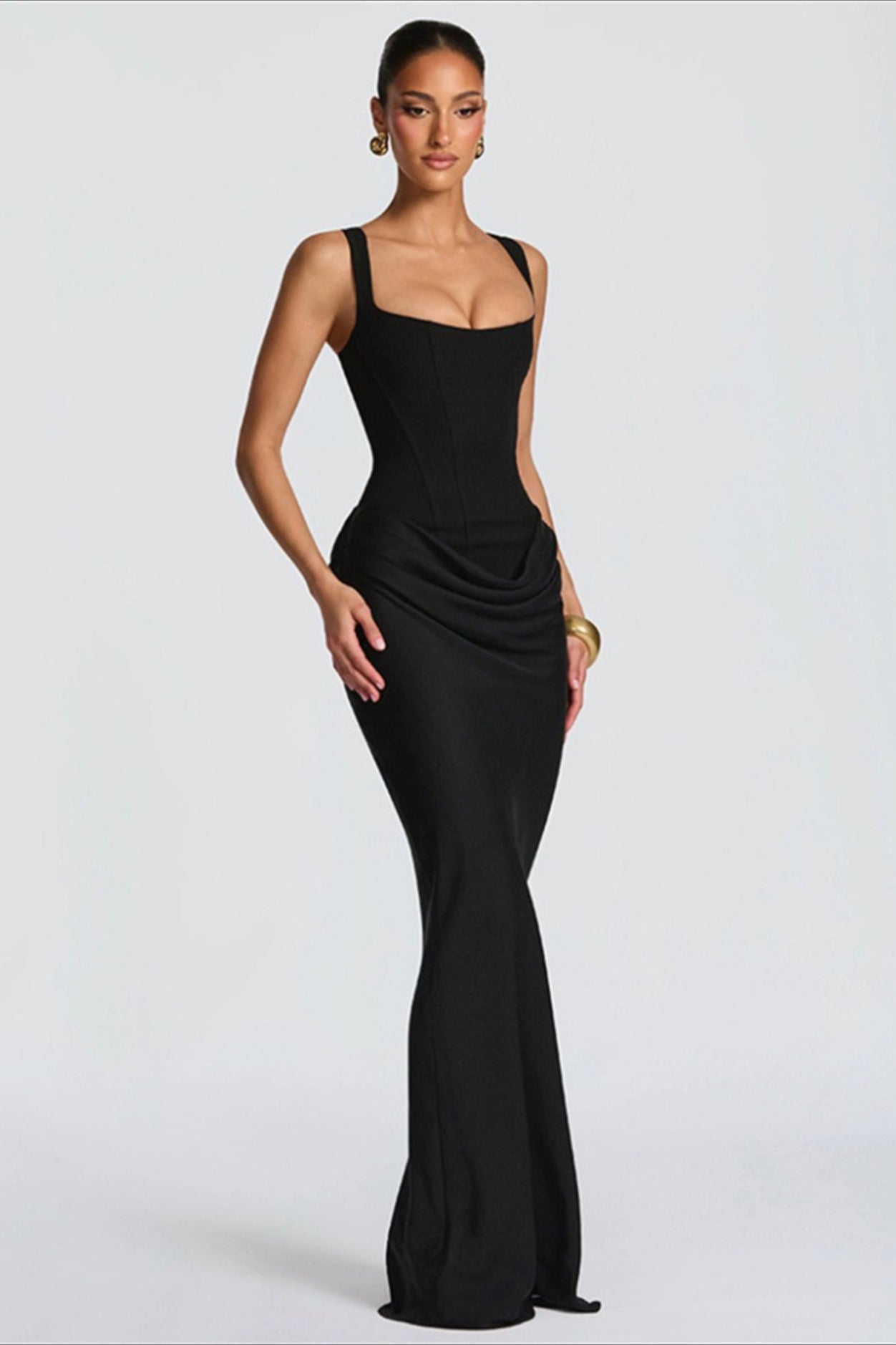 Solid Square Neck Ruched Panel Bodycon Party Dress