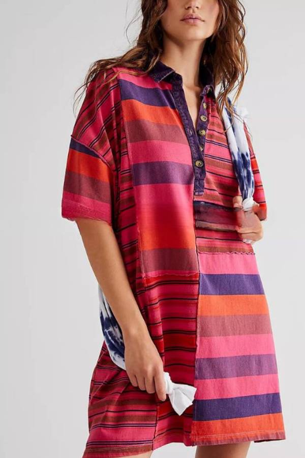 Tatiana Effortless Casual Dress with Mediumength Sleeves, Lapels and Contrasting Stripes Premium Wardrobe Essential