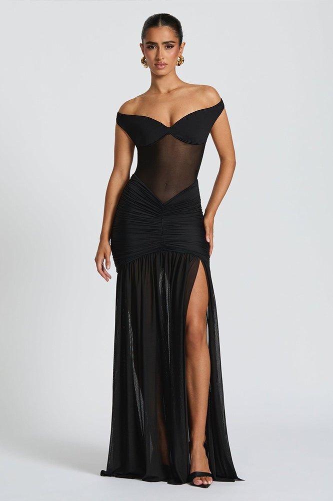 Strapless Backless Mesh Ruched Slit Party Dress