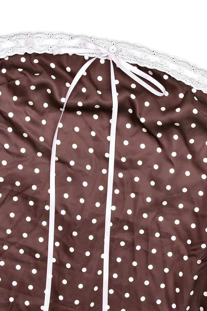 Brown Satin Polka Dot Strapless Backless Maxi Dress 5
