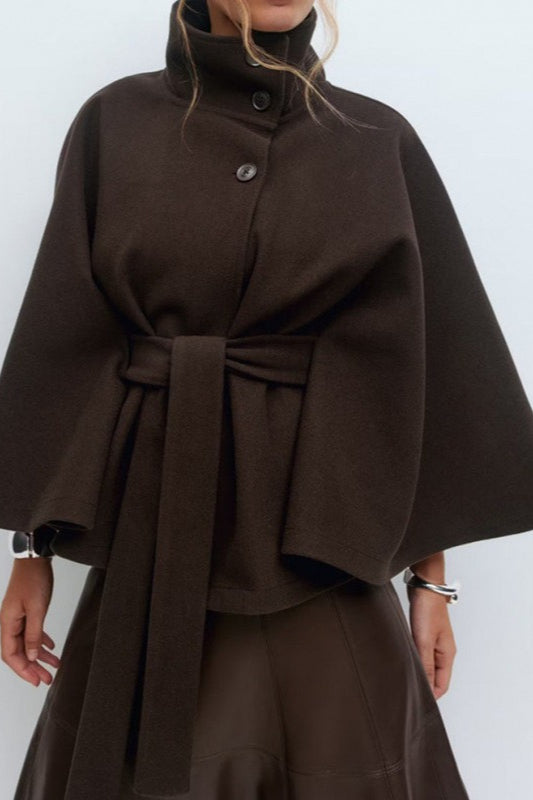 Solid Cape Stand Collar Buttoned Waist-Tied Trench Coat
