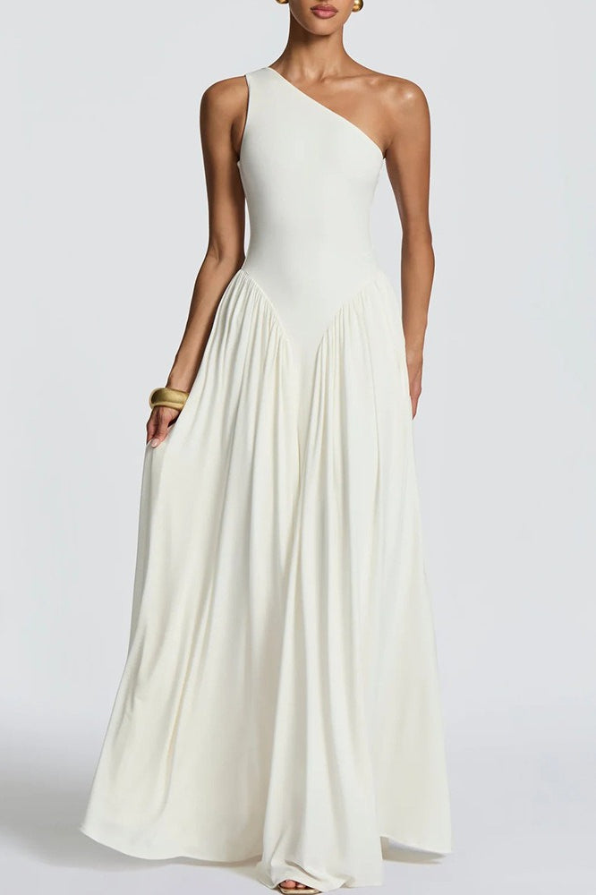 Solid One Shoulder Ruched Maxi A Line Party Dress