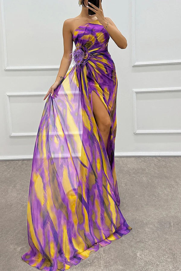 One-Shoulder Feather Trim Printed Ruched High Slit Maxi Gown