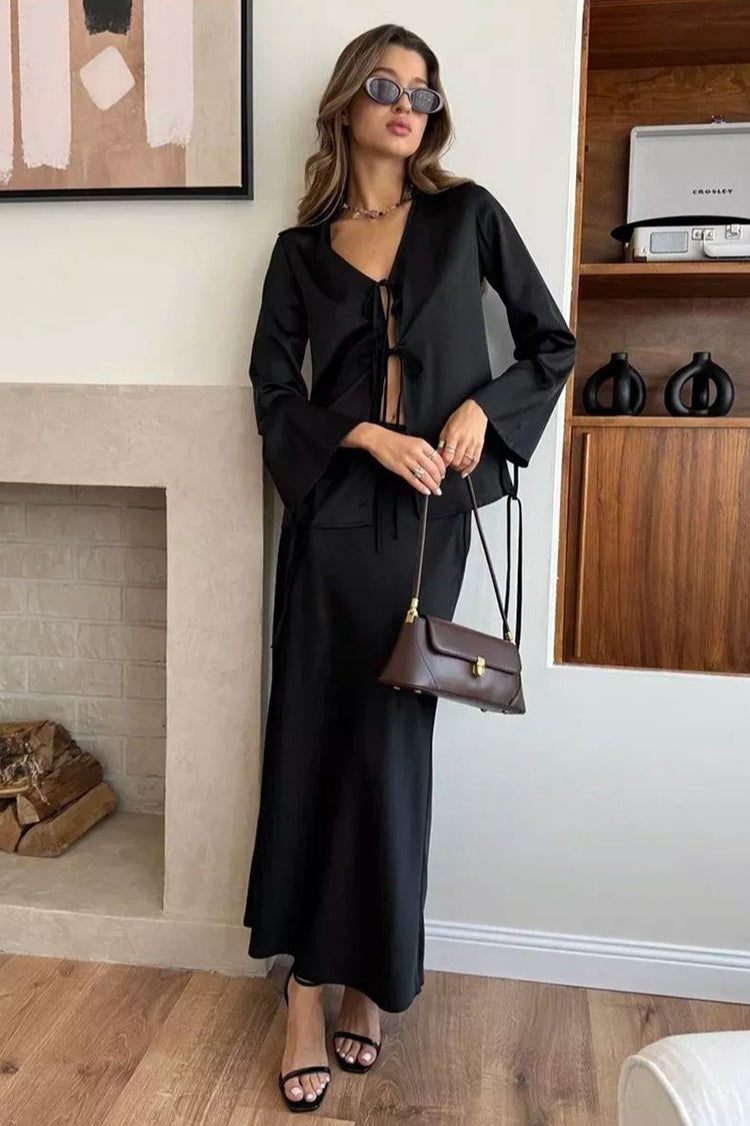 V Neck Tie Front Satin Top Maxi Skirt Set
