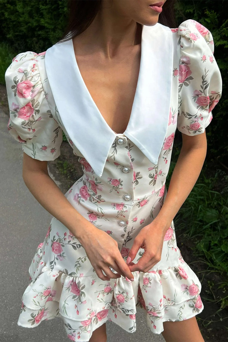 Oversized Collar Puff Sleeve Pearl Button Ruffle Tier Hem Floral Print Mini Dress 5