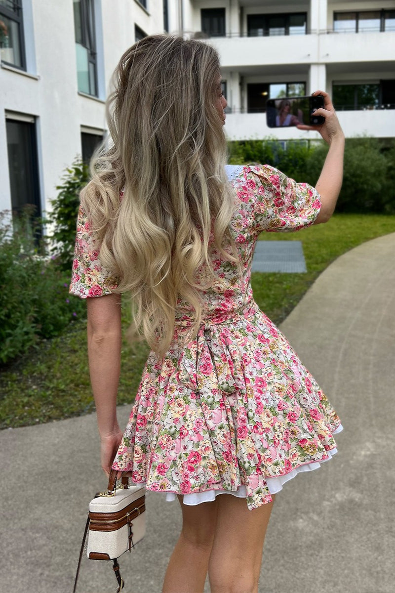 Pink Peter Pan Collar Puff Sleeve Button Front Pleated Ruffle Hem Floral Print Mini Dress 5
