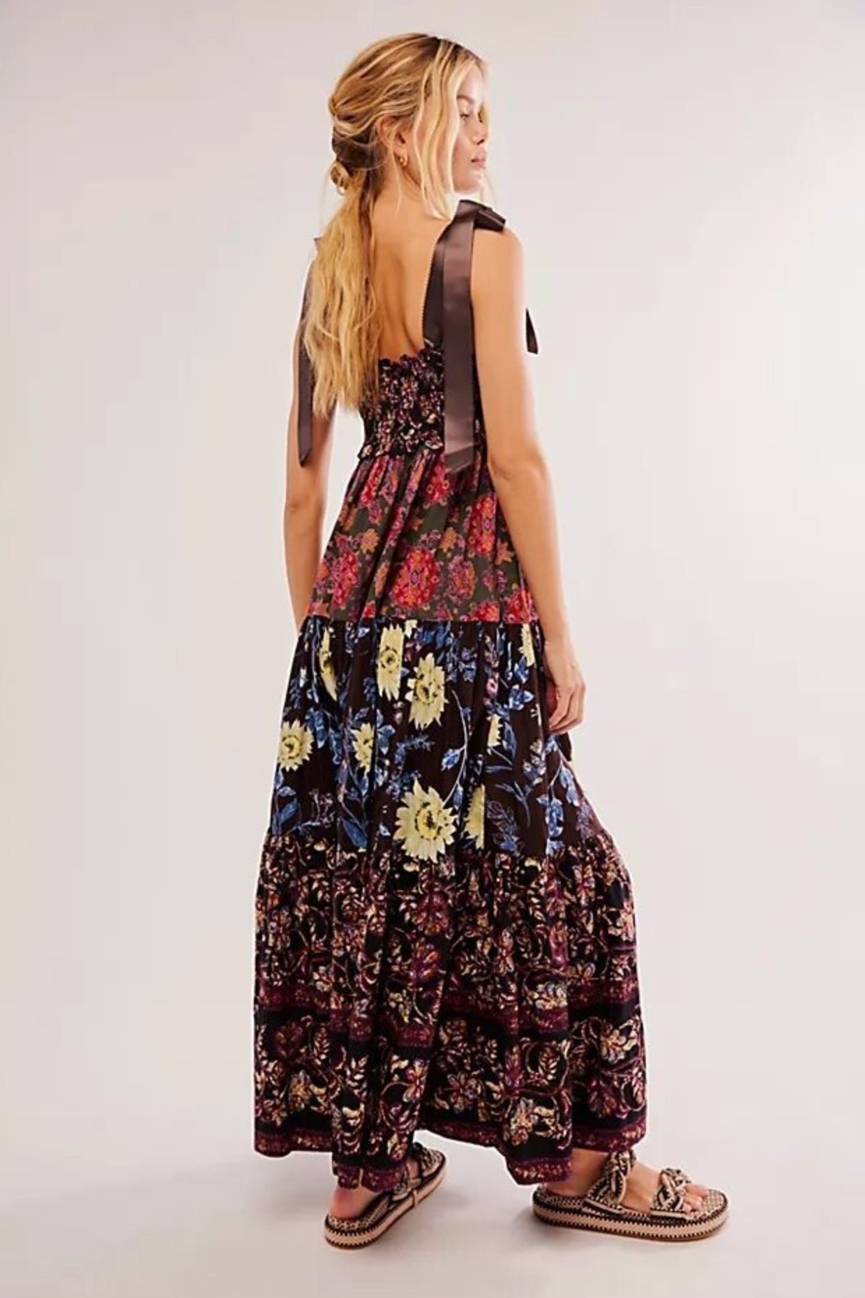 Smocked V Neck Bow Shoulder Strap Mixed Floral Tiered Maxi Dress 18