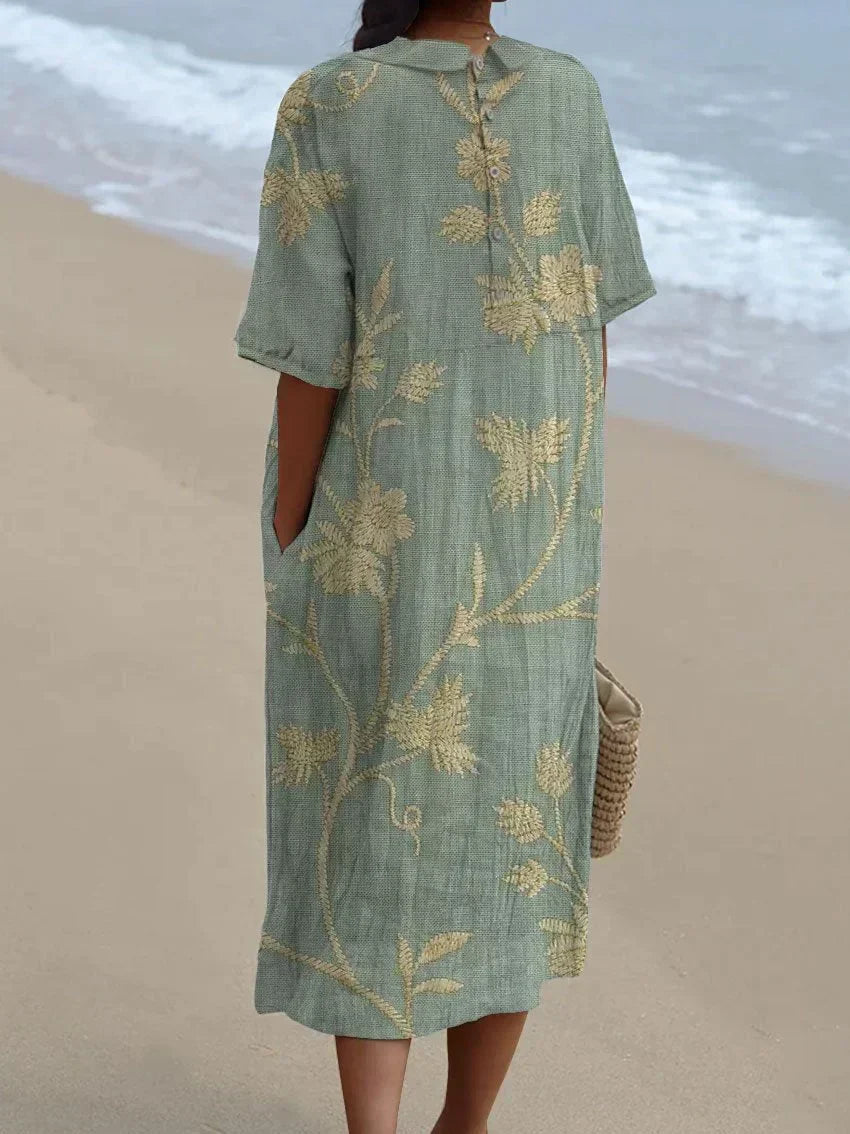 Collar Short Sleeve Floral Print Cocoon Midi Dress