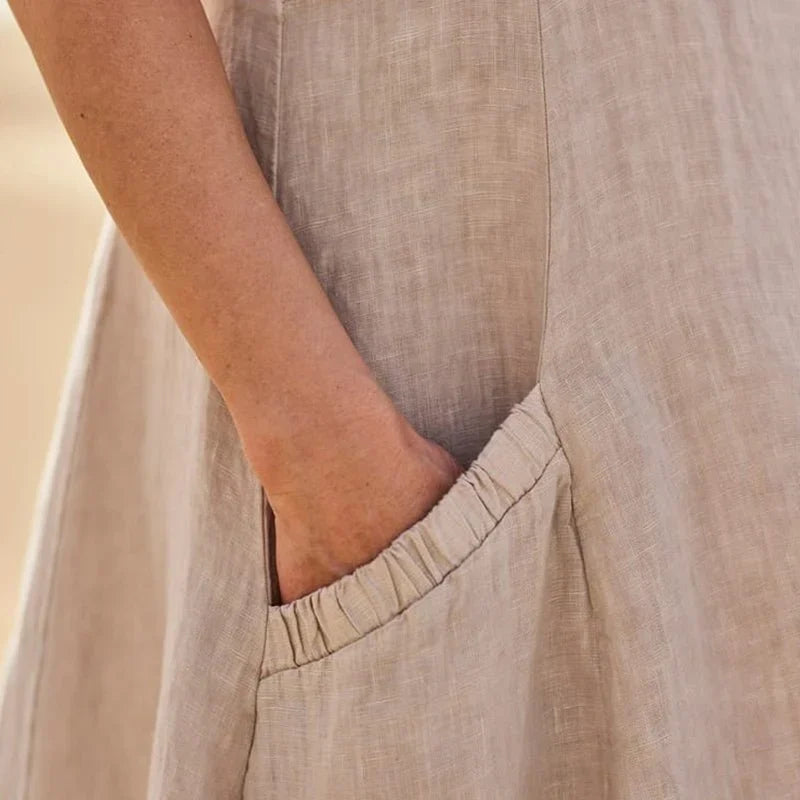 Round Neck Sleeveless Linen Pocket A-Line Midi Dress 13