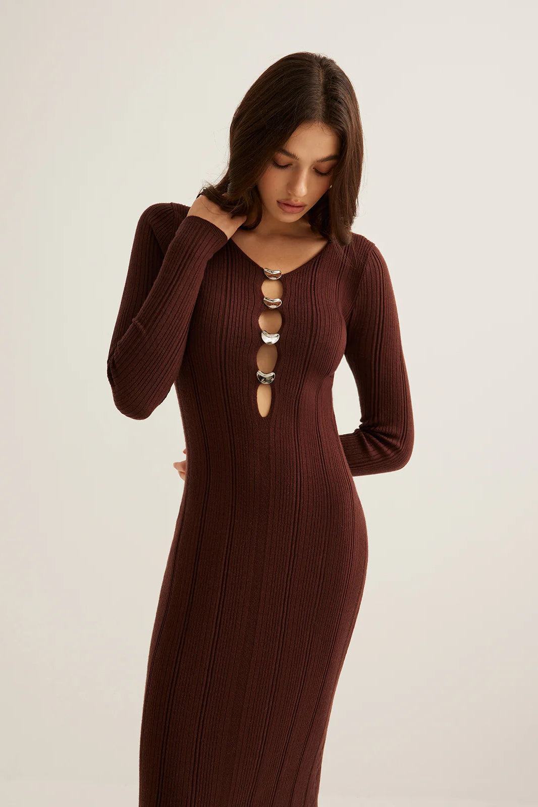 Brown Ribbed Knit Bodycon Dress 3