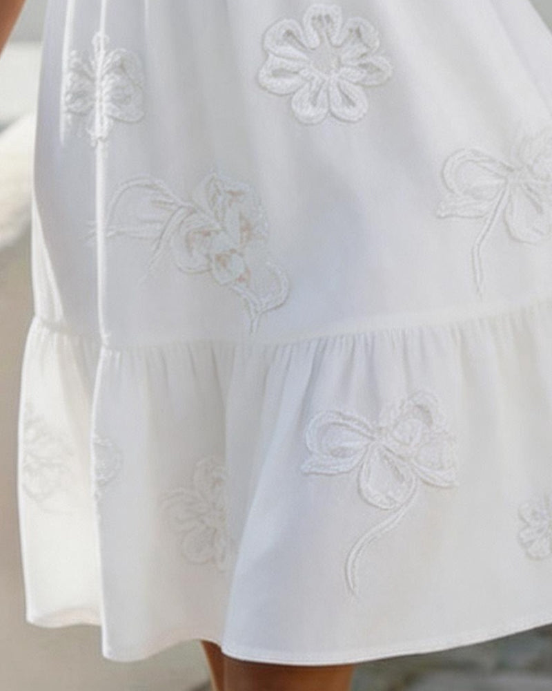 V-Neck Floral Embroidered Ruffle Puff Sleeve Tiered Mini Dress 2