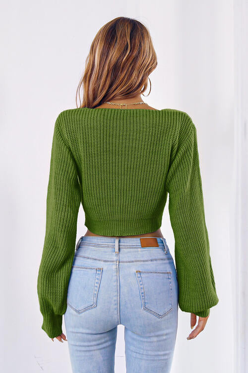 Long Cropped V-Neck Arm Sweater