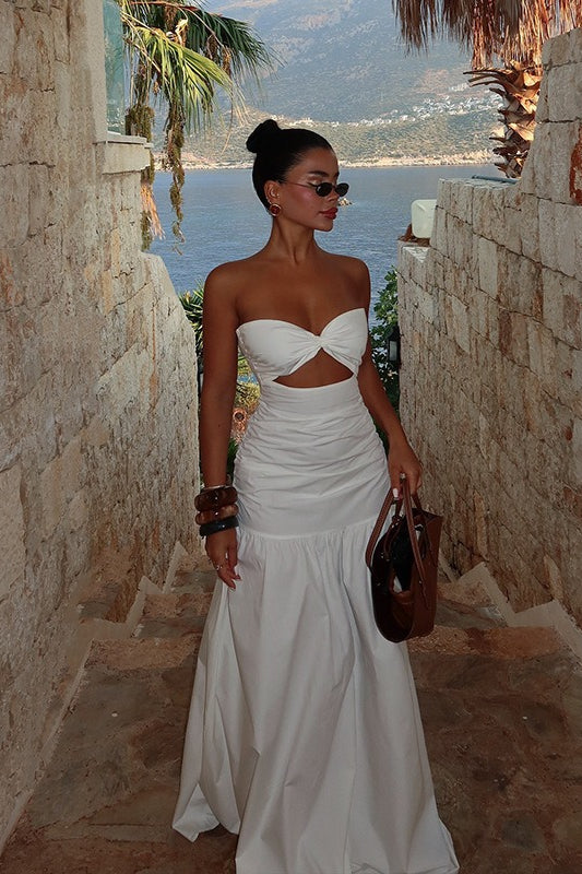 Strapless Sweetheart Neck Twist Cutout Ruched Drop Waist Maxi Dress 4
