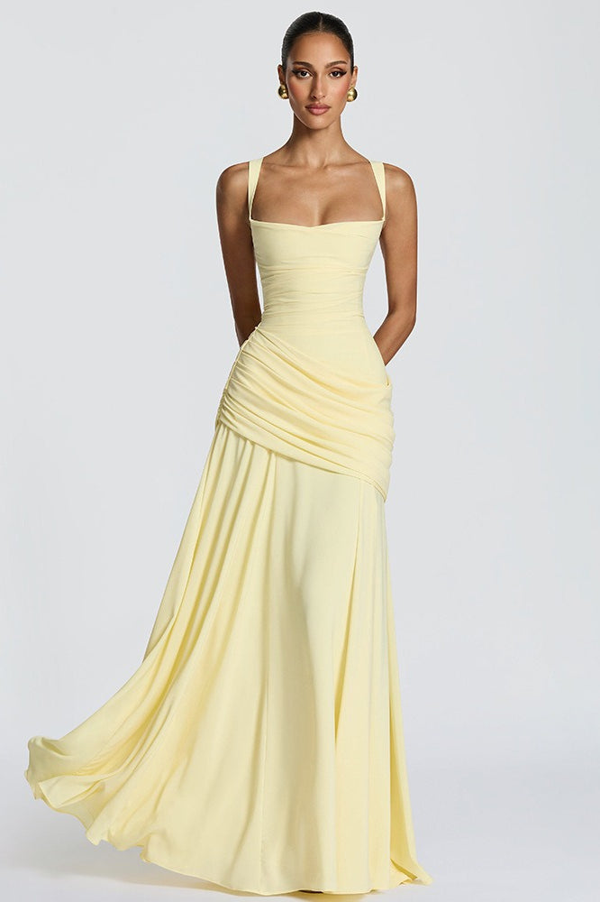 Solid Plunge Ruched Waist Backless Slip Dress