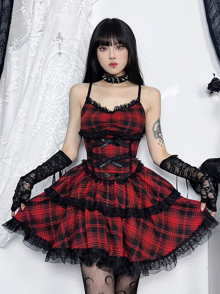 Plaid Mall Goth Grunge Punk Black Emo Party Lace Up Backless Mini Dress ALine Dress