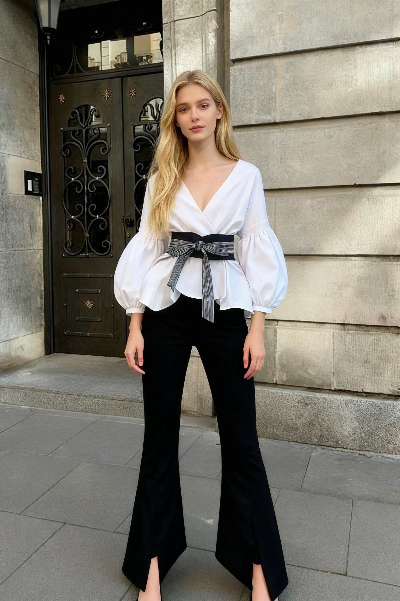 Spring Women's Bow Pants Lantern Flare Black + Striped Split WarmSeason Blouse Arm Arm Set