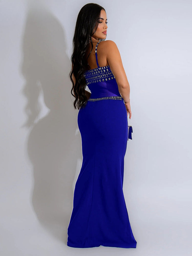 Elegant Mesh See Through Rhinestones Strap Sleeveless Red Party Dress