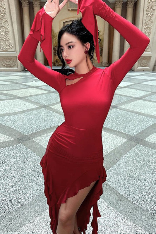 Ruffle Split Long Sleeve Maxi Dress