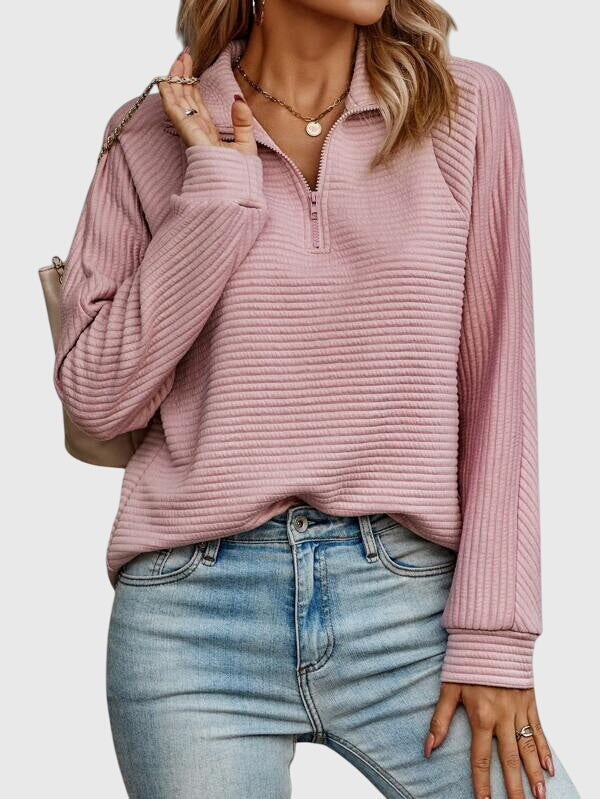 Quarter Zip Collar Long Sleeve Ribbed Textured Pullover Sweatshirt