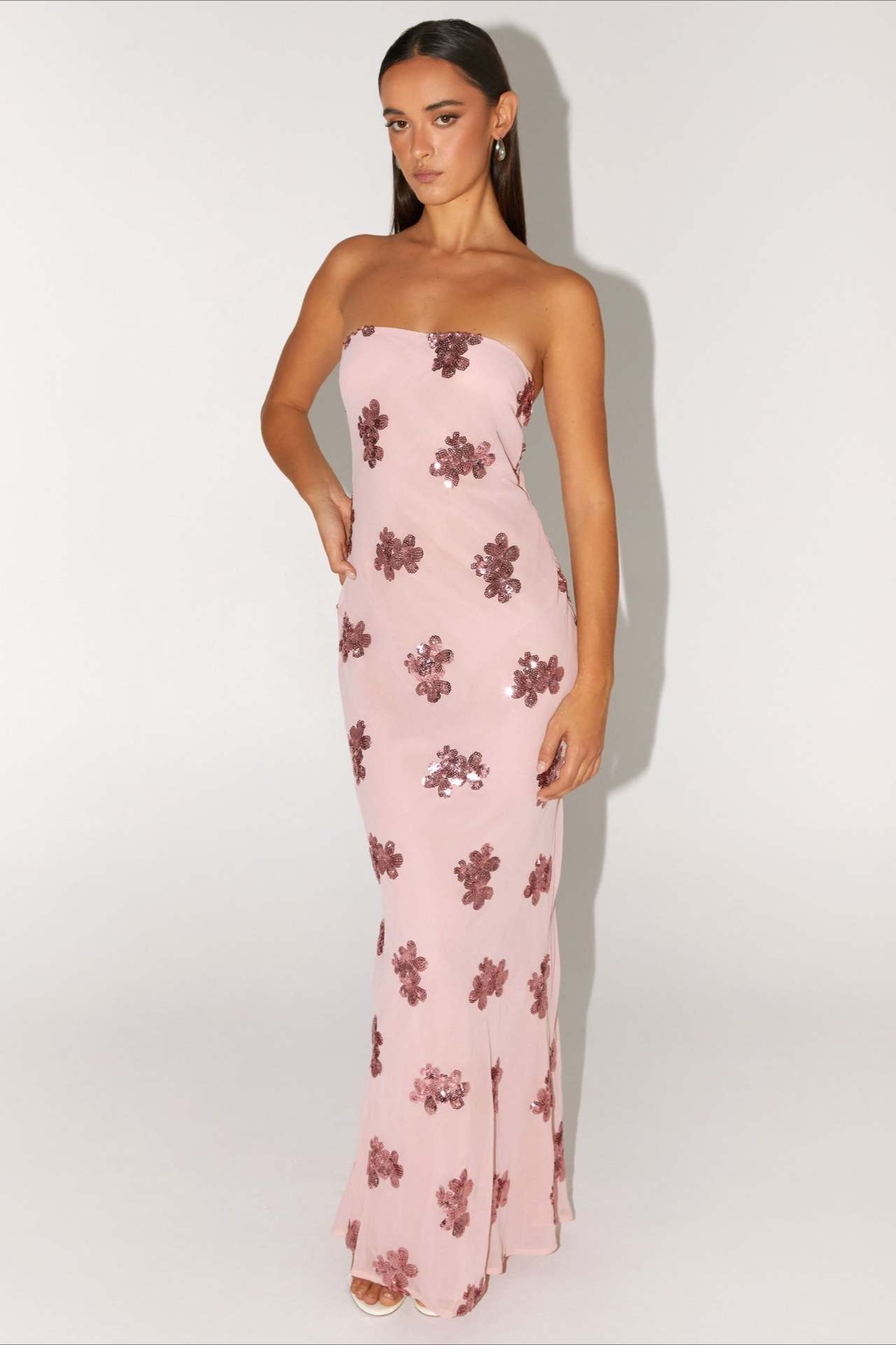 Pink Strapless Sequin Floral Embroidery Column Maxi Dress 6