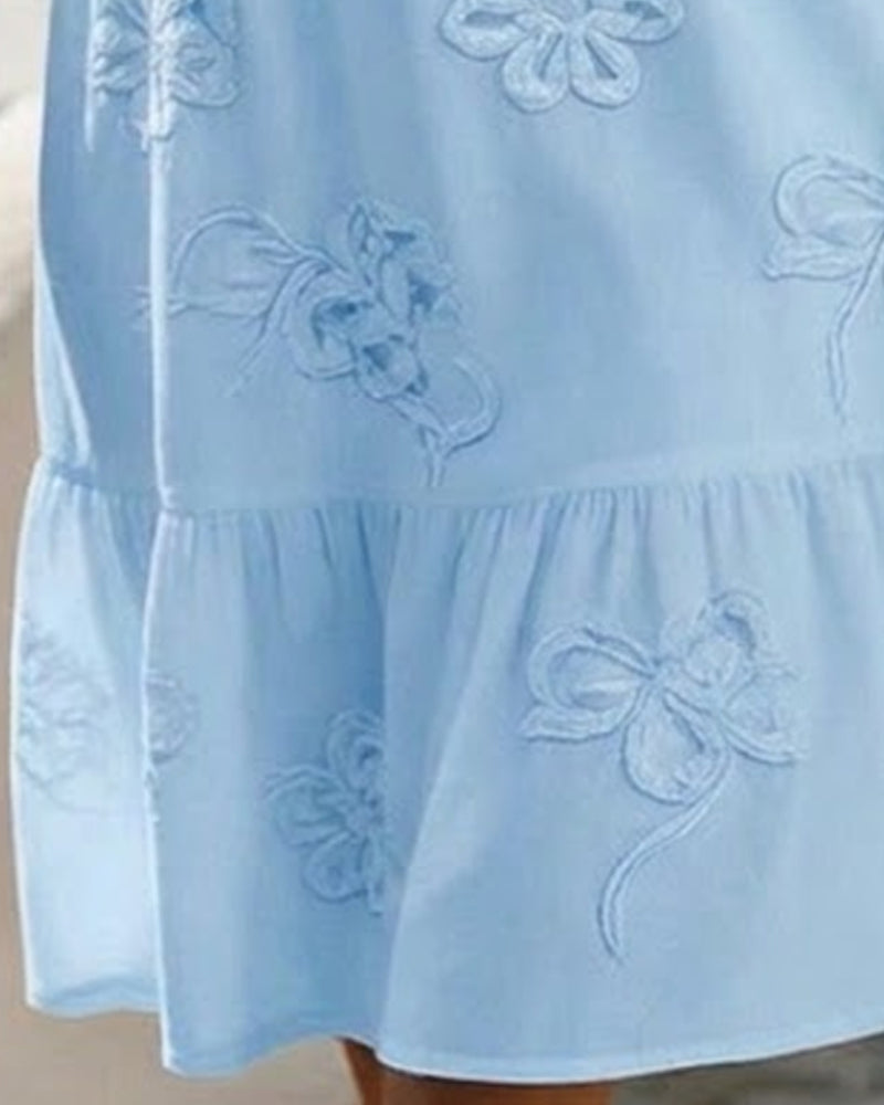 Ruffle V-Neck Floral Embroidered Puff Sleeve Tiered Mini Dress 9