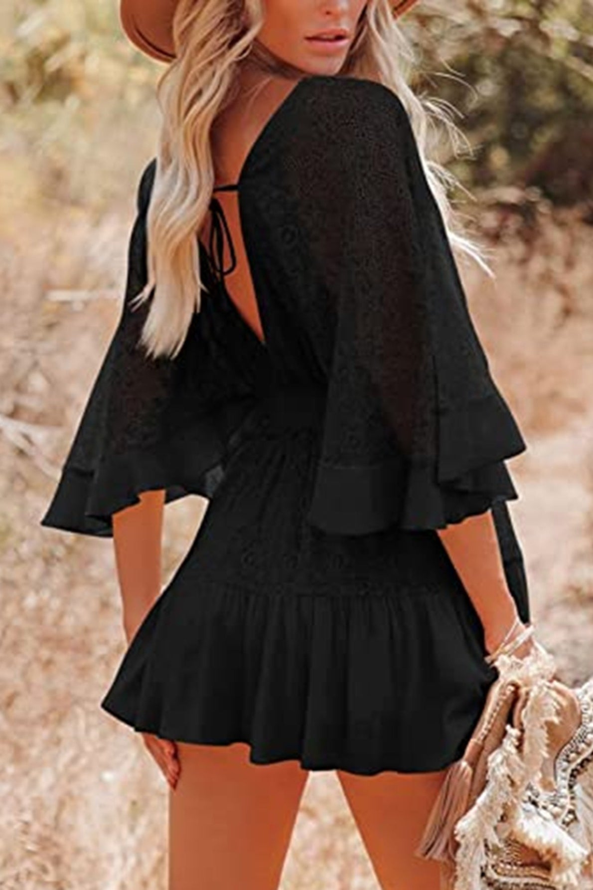 Deep V Neck Smocked Waist Lace Flutter Sleeve Button Front Tiered Mini Dress 7