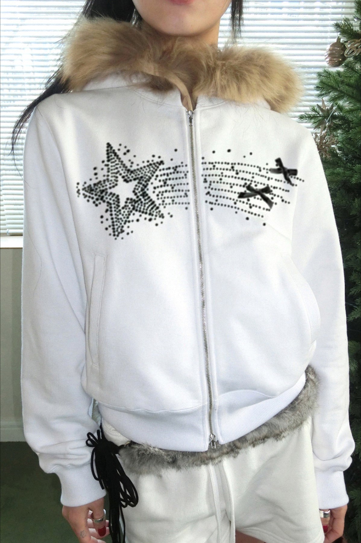 Retro Fuzzy Panel Velvet Zip-Up Hoodie