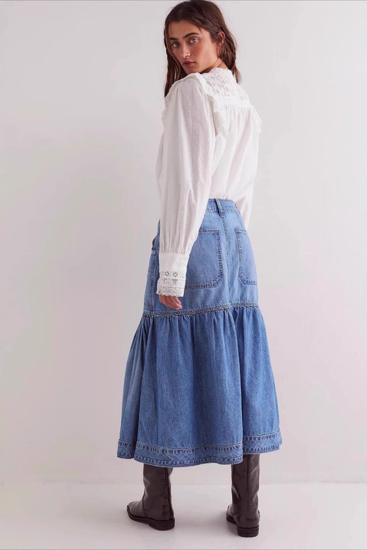 High-Waist Denim A-Line Skirt