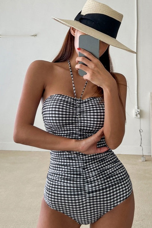 Chic Strapless Plaid Print One Piece Swimsuit