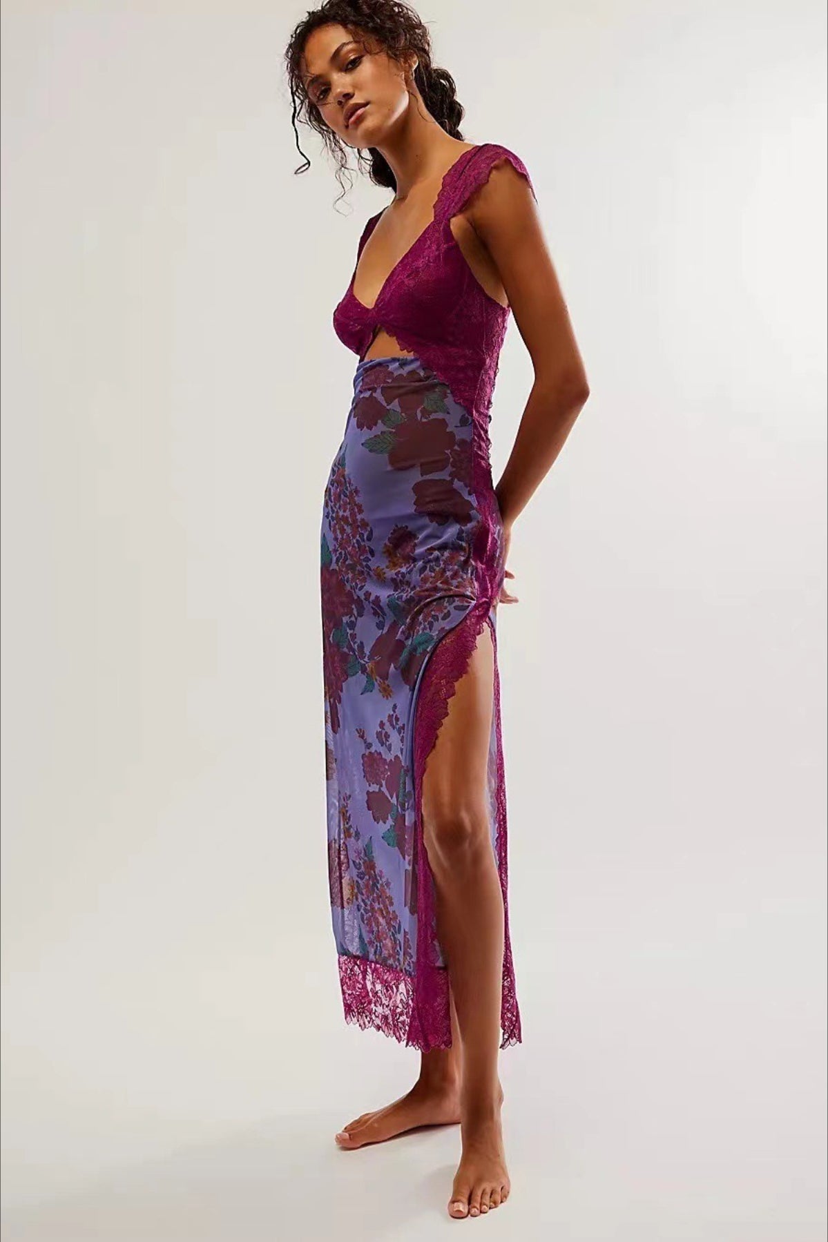 Sweetheart Lace Cap Sleeve Triangle Cutout Floral Print Bodycon Midi Dress 5