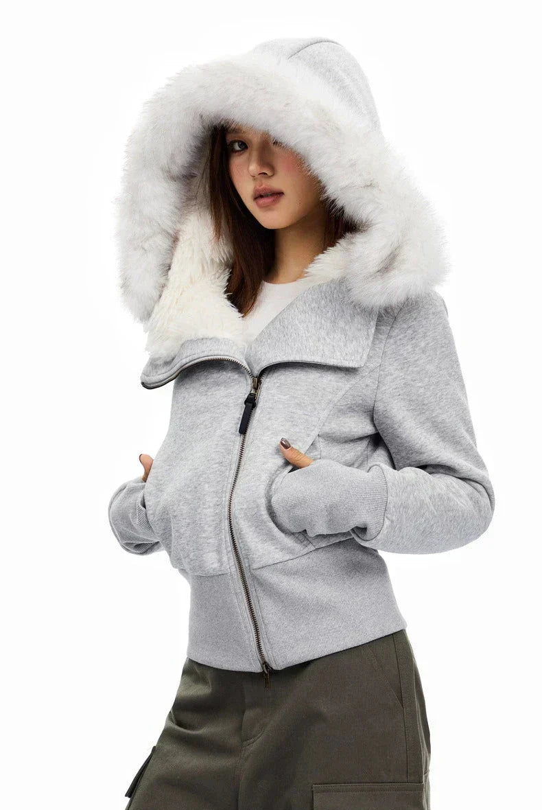 Fleece-Lined Hooded Fur-Collar Zip Short Jacket