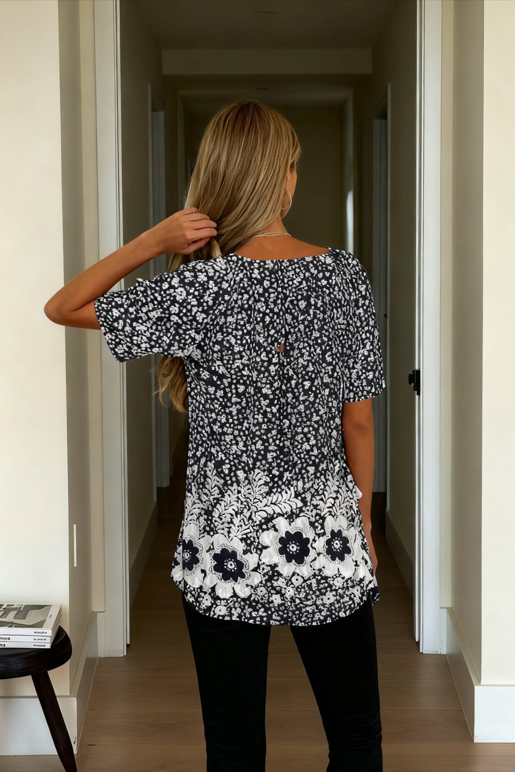 Navy Fit Flowered Women's in Brief Blue Painting Button Tunic White Sleeve Regular Neck Black with Flowered Print Round Tshirt Weekend Festive Design