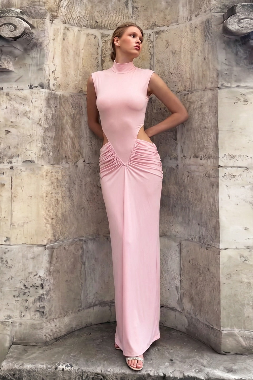 Ruched High Neck Cutout Bodycon Party Dress