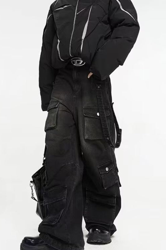 Distressed Multi Pocket Wide Leg Jeans