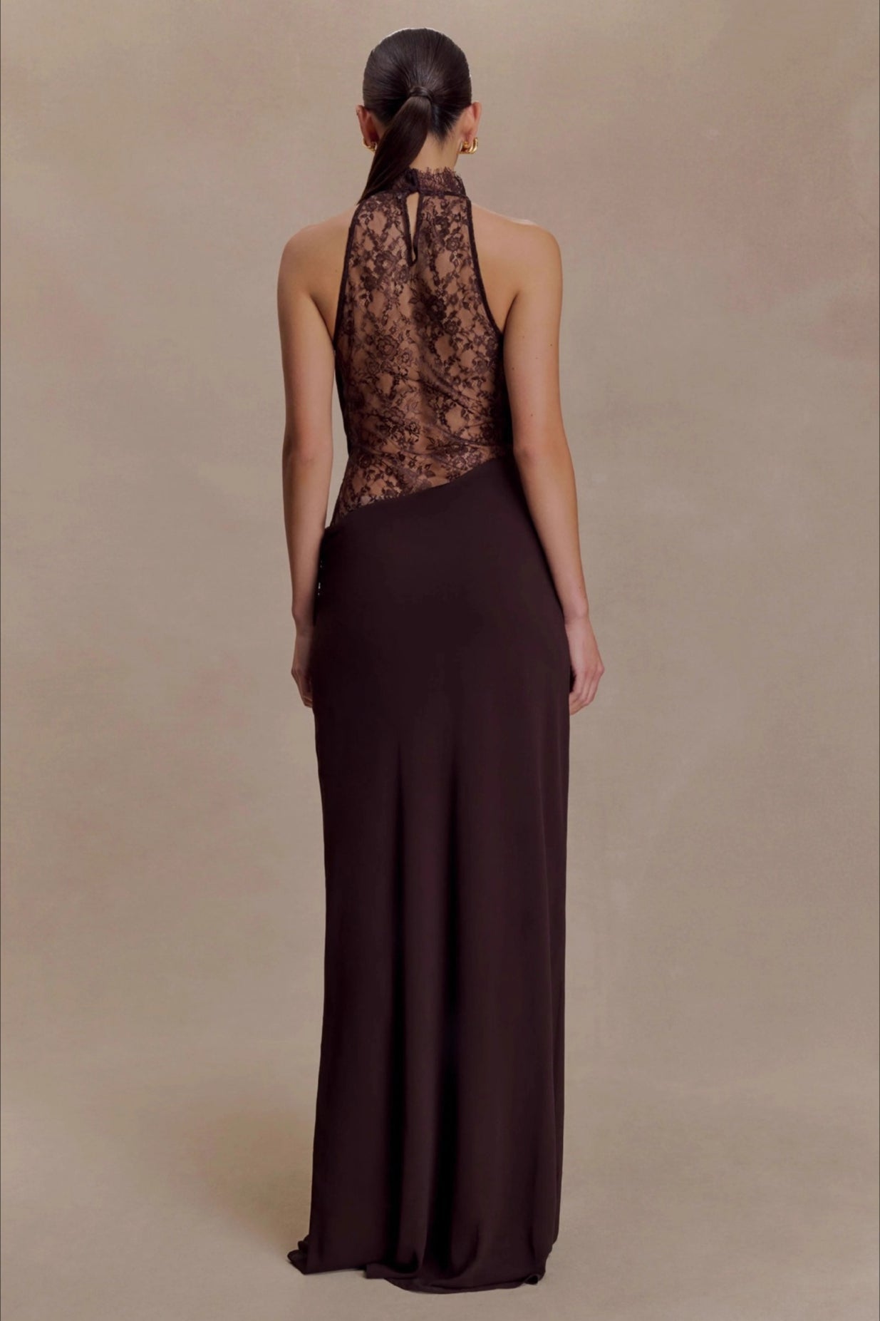 Brown Halter Lace Cowl Bodycon Dress 4